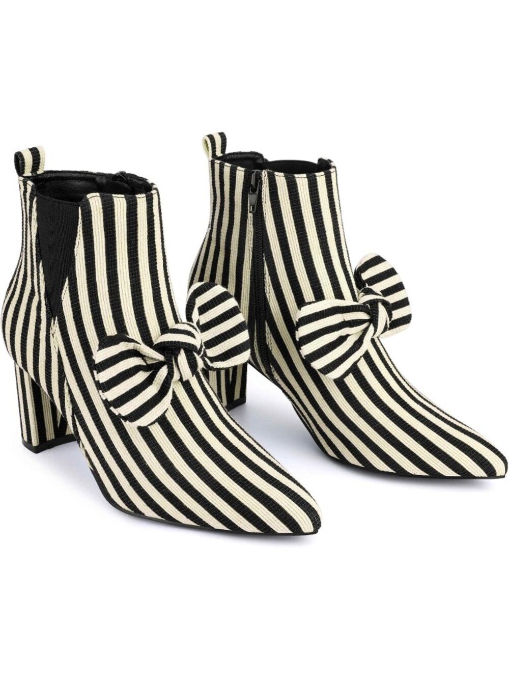 Women's Black Fashionable Bow Stripe Pointed Toe Chunky Heels Ankle Boots